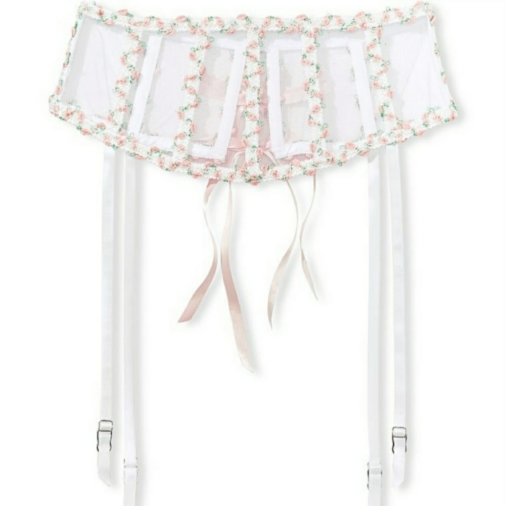 Nwt Victoria’s Secret Rose Floral Embroidery Cincher Garter Belt White Pink xs/s